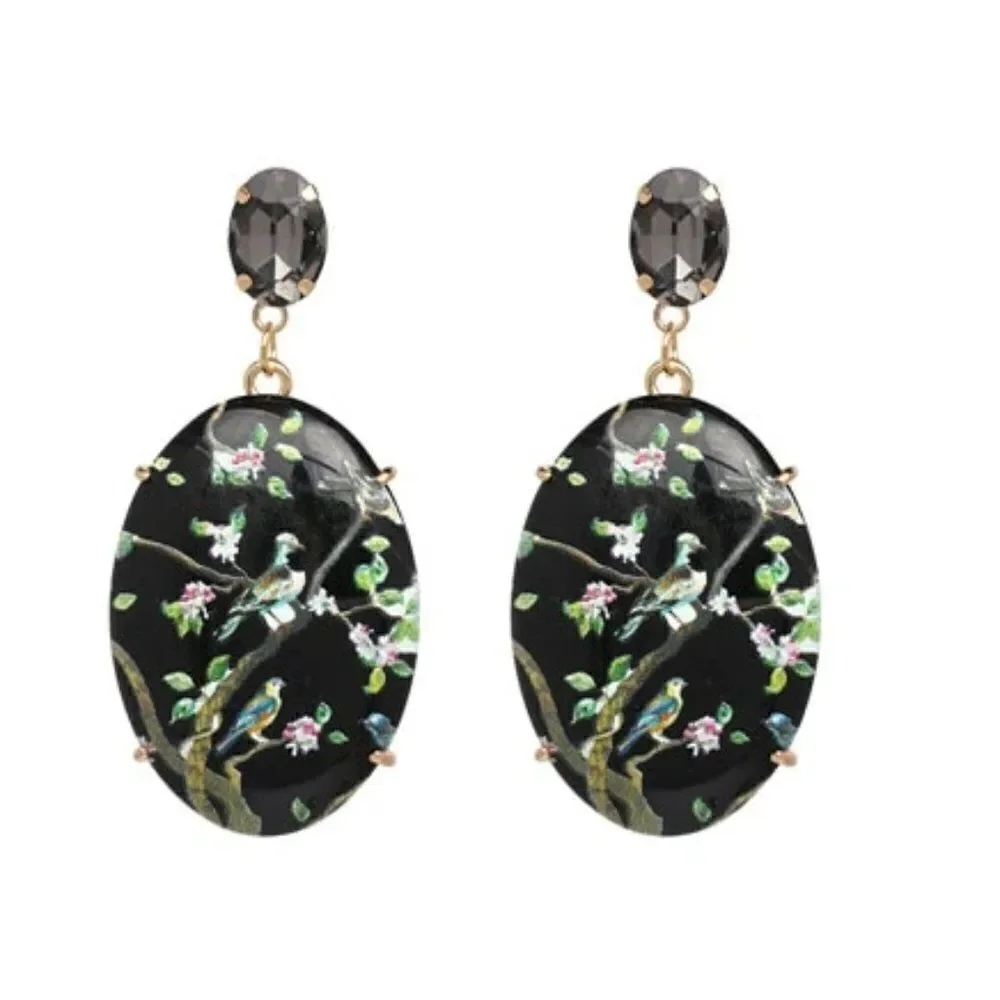 ✨🆕✨ Beautifully Boho Vintage Inspired BLACK Happy Days Floral Birds Earrings ✨